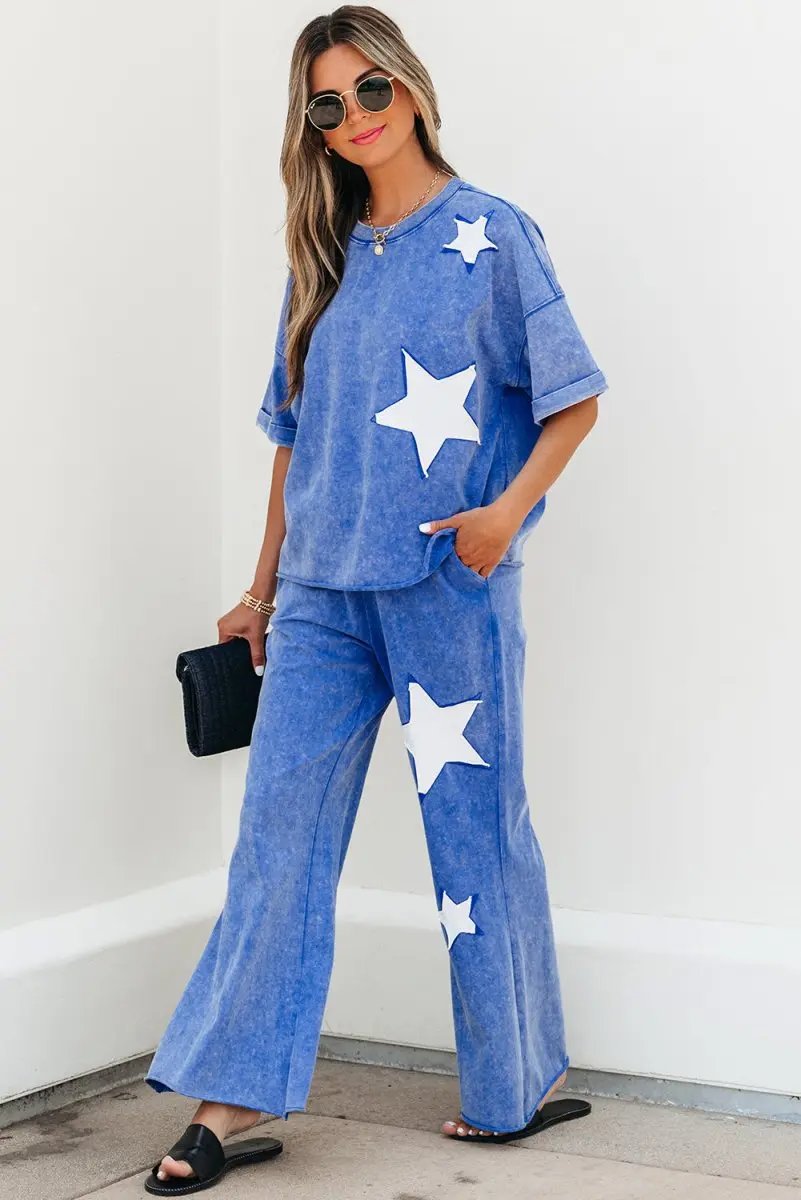 Ashleigh Blue Acid Wash Star Patched Rolled Trim Pants Set - Love Salve